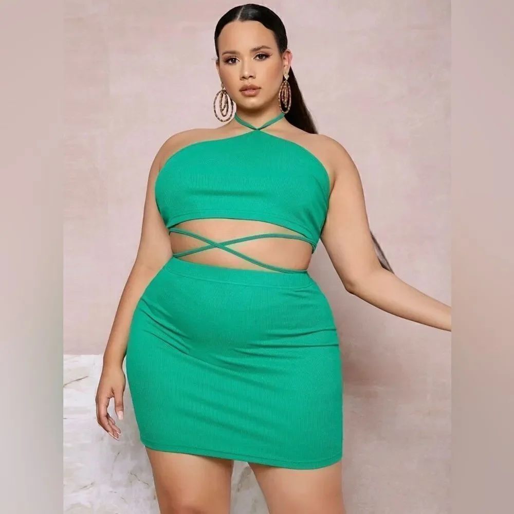 2/$30 SHEIN TWO PIECE SET (HALTER TOP + MINI SKIRT)- GREEN
